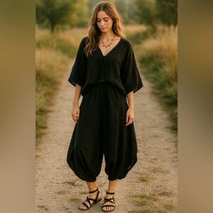 Lin Blanc 100% Linen Lagenlook Asymmetrical Boho Capri Pants Black Oversized Fit